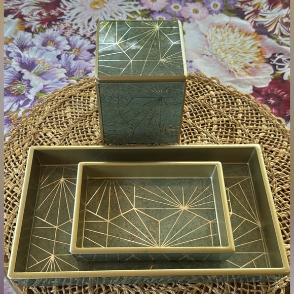 Set of green and gold bathroom or desk accessories by Pigeon & Poodle
